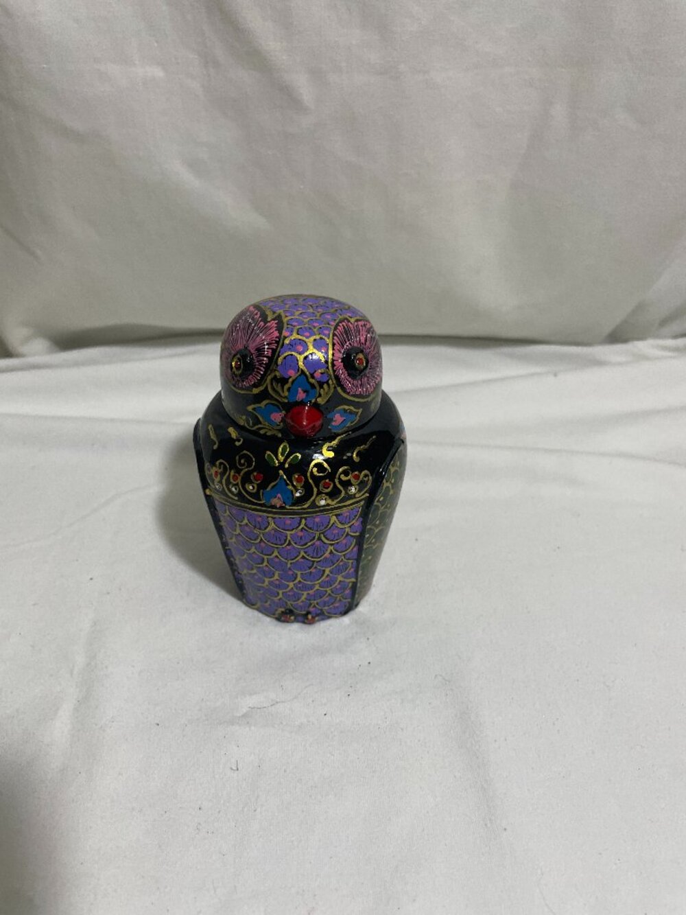 Thailand Hand Painted Lacquerware Owl Trinket Box Lidded Figurine 4.5”